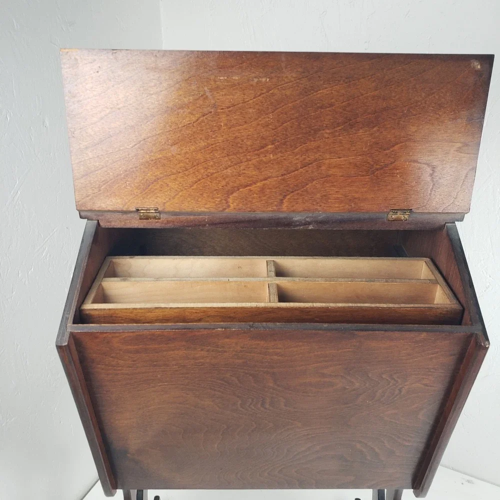 Vintage Priscilla Wooden Sewing Box On Stand Removable Tray Dark Brown Storage